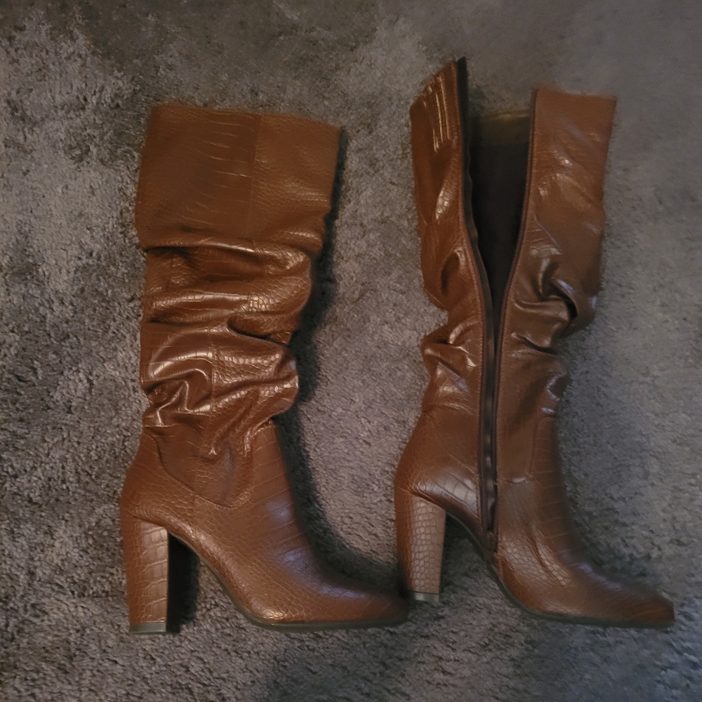 Brown crocodile tall heeled boots